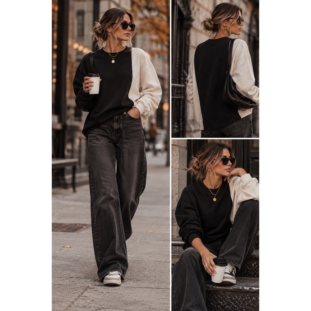 Zara Womens Colorblock Sweatshirt Black White Crewneck Pullover Size M